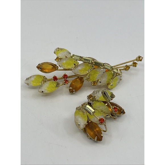 Vtg Statement Juliana Orange Amber Spray Rhinestone Brooch & Clip On Earring Set